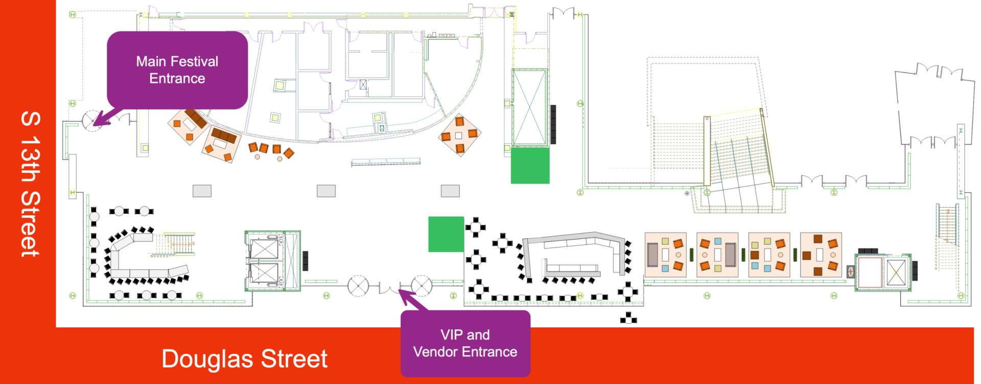 Holland Center entrance level: Main Festival Entrance on the S 13th Street side, VIP and Vendor Entrance on Douglas Street.