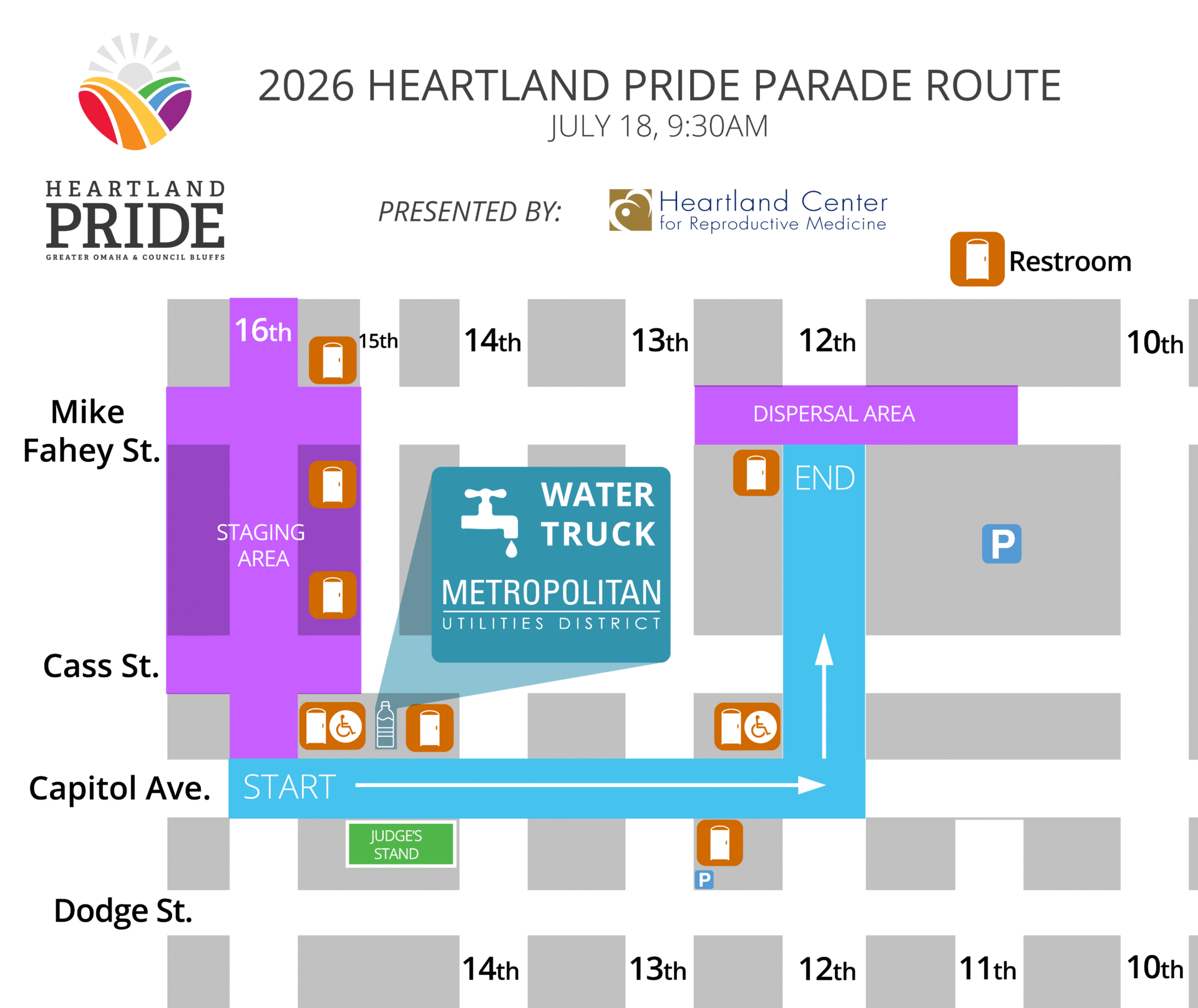 2026 Heartland Pride parade route: staging on 16th between Mike Fahey and Capitol, start heading east on Capitol Avenue, north on 12th, dispersal area near 12th and Mike Fahey.