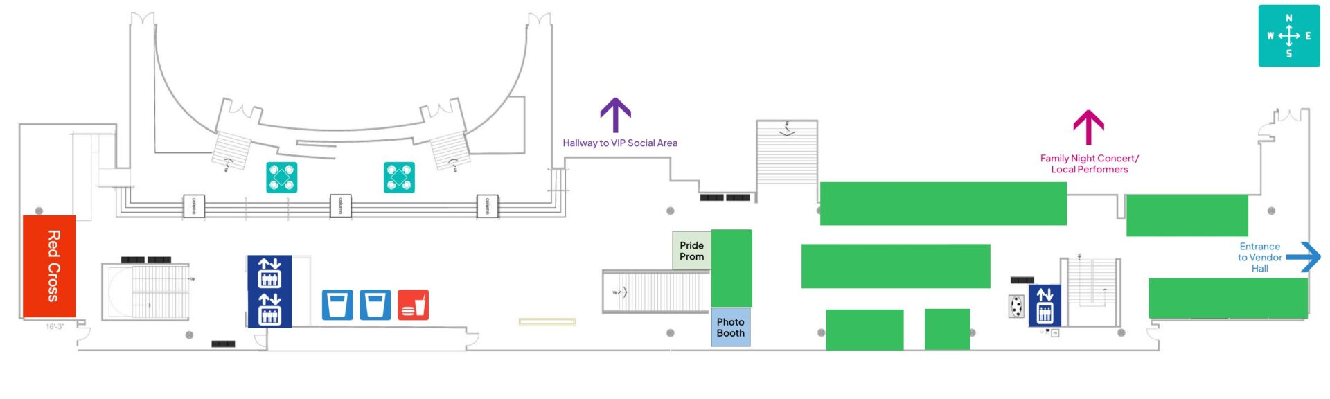 Holland Center Level O: Red Cross at the west end, Pride Prom, Photo Booth, Family Night Concert and Local Performers, hallway to VIP social area, and the entrance to the vendor hall on the east end.