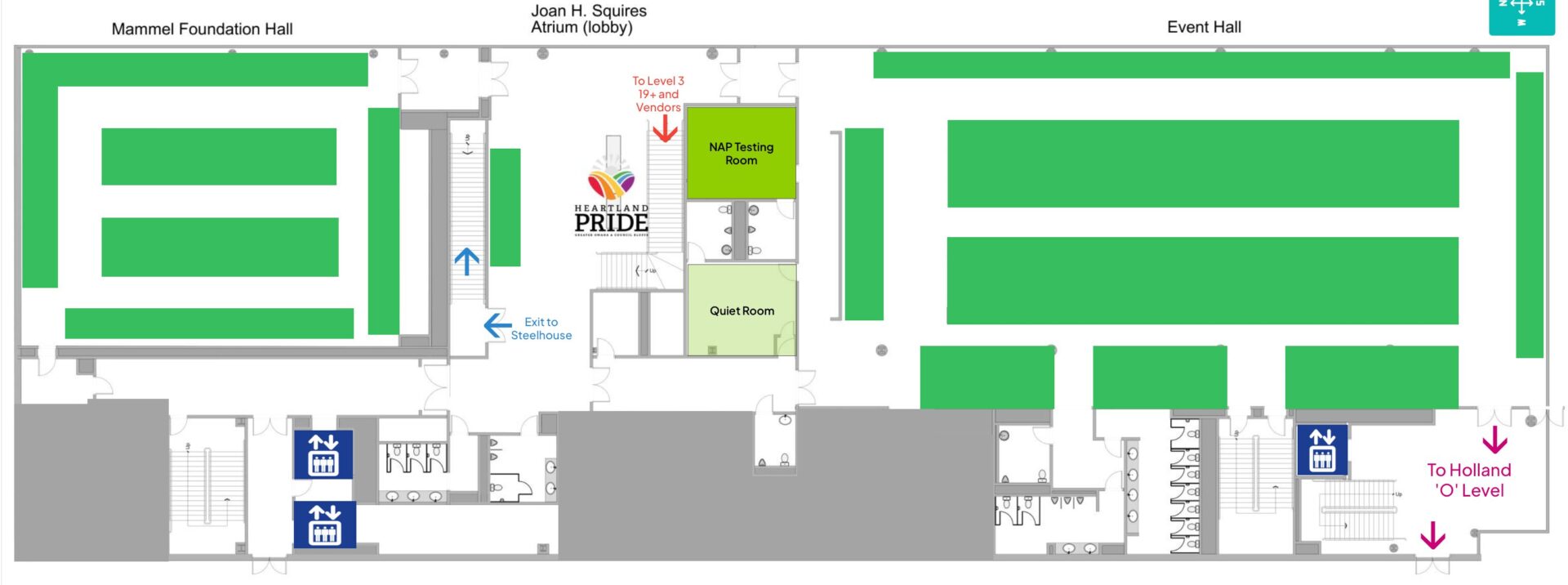 Tenaska Center Level 2: Mammel Foundation Hall and Event Hall vendor rows, Joan H. Squires Atrium lobby, NAP Testing Room, Quiet Room, stairs up to Level 3 for 19+ and vendors, exit to Steelhouse, and stairs down to Holland Level O.
