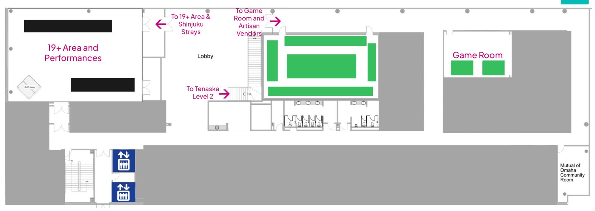 Tenaska Center Level 3: 19+ Area and Performances with stage to the west, lobby with artisan vendors, Game Room to the east, Mutual of Omaha Community Room, and stairs down to Tenaska Level 2.
